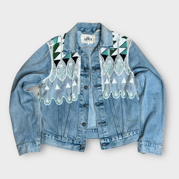 Levi's Made & Crafted Embellished Boyfriend Trucker Jacket Beaded Lace Small - Picture 3 of 16